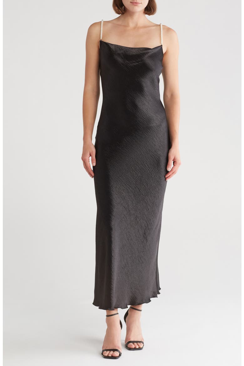 Imitation Pearl Strap Hammered Satin Maxi Slipdress, Main, color, BLACK