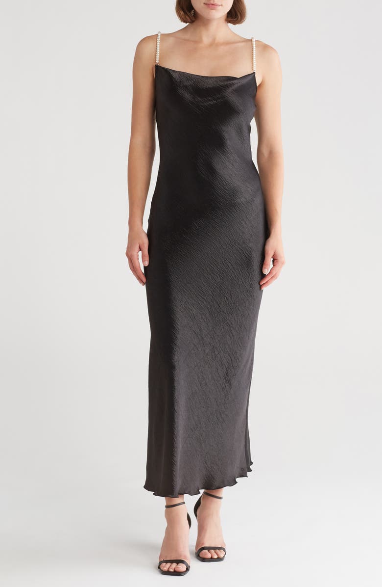 bebe Imitation Pearl Strap Hammered Satin Maxi Slipdress, Main, color, 