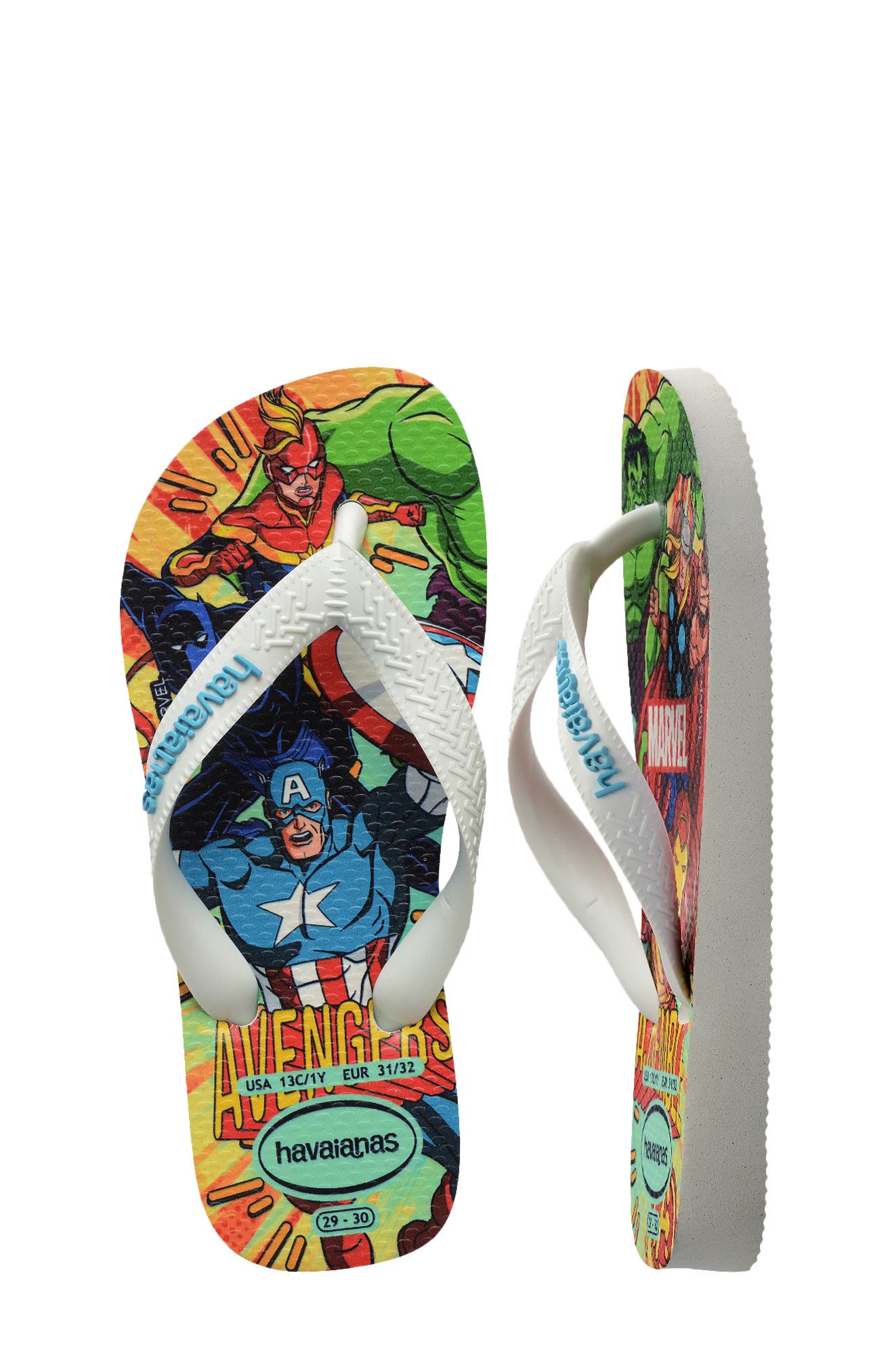 Havaianas Kids' Marvel Flip Flop, Alternate, color, White/White/Blue