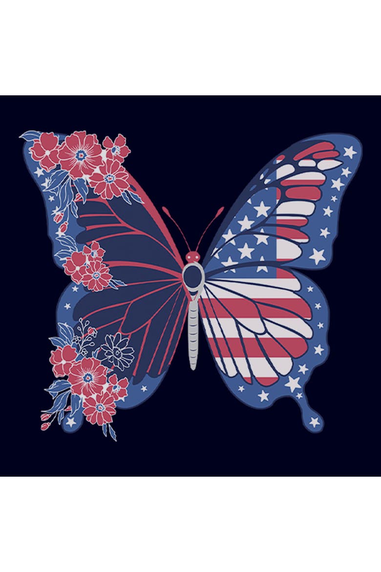 Juniors Lost Gods Flag Floral Butterfly T Shirt, Alternate, color, Navy Blue