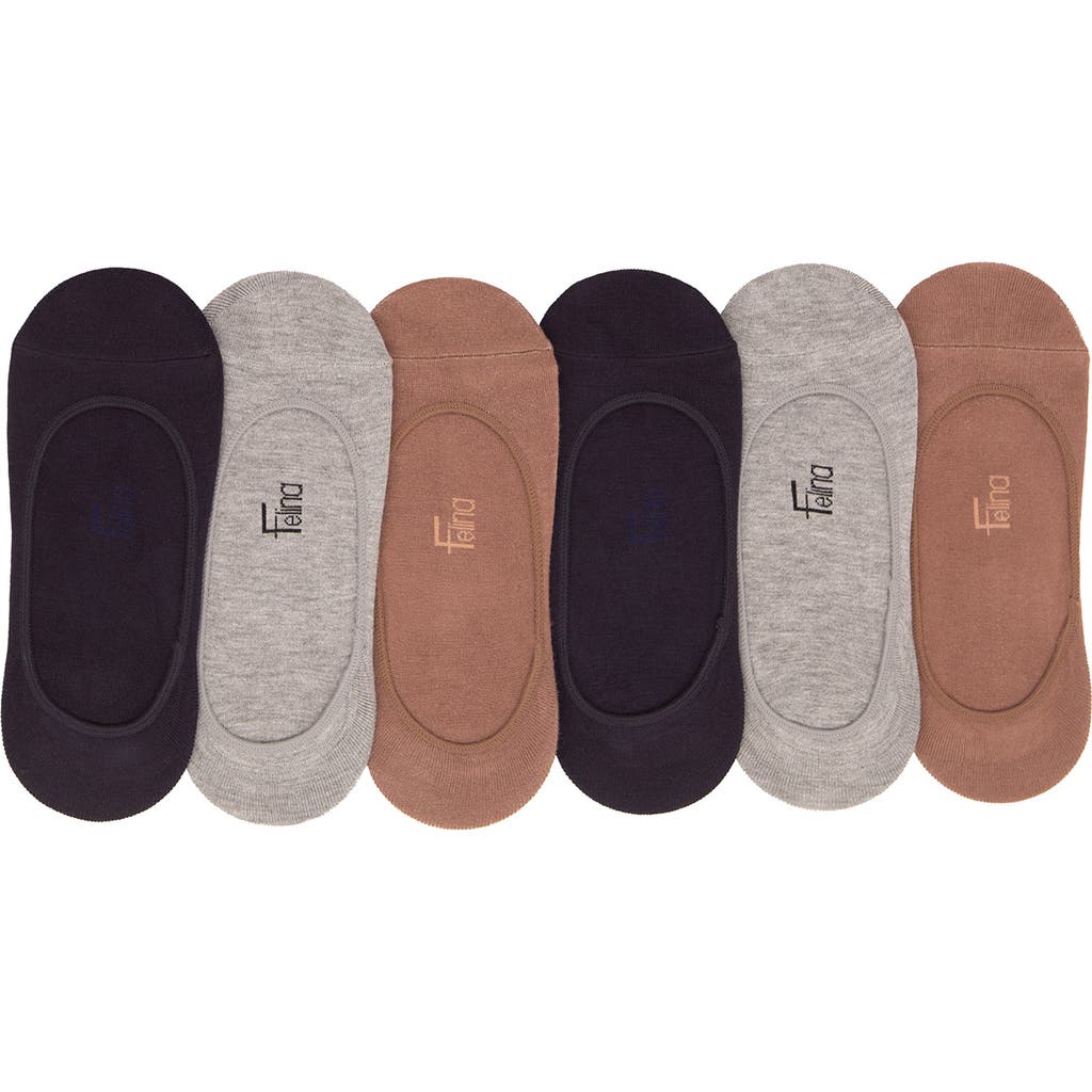 Felina Assorted 6-pack Liner Socks In Blue/brown/grey
