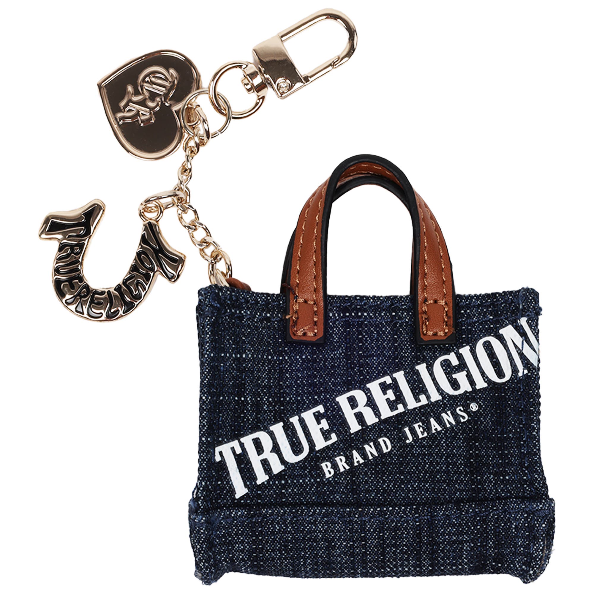 True Religion Mini Denim Tote Bag Charm, Main, color, Dark Denim