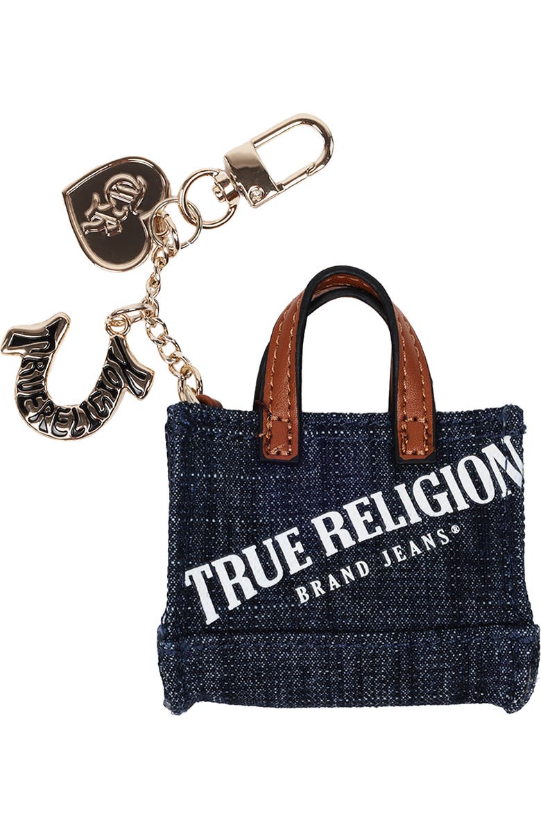 True Religion Mini Denim Tote Bag Charm, Main, color, Dark Denim