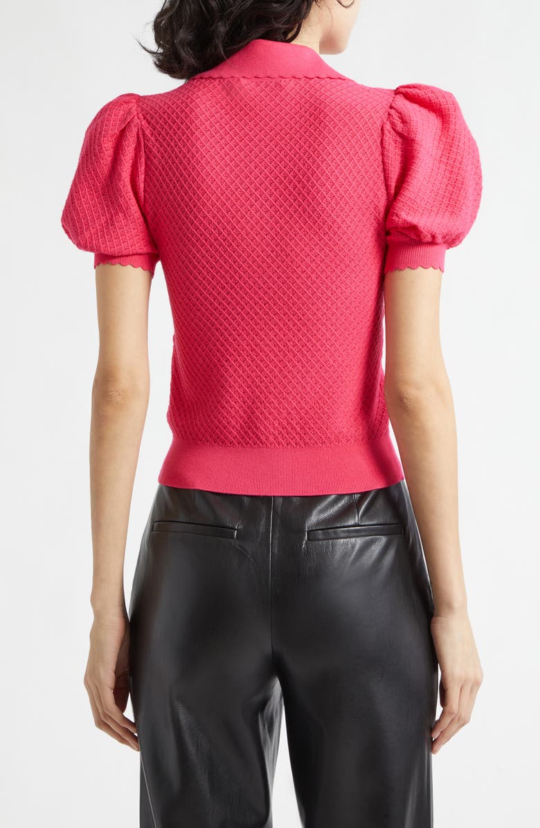 Alice + Olivia Ramona Puff SleevePointelle Polo Sweater, Alternate, color, Deep Pink