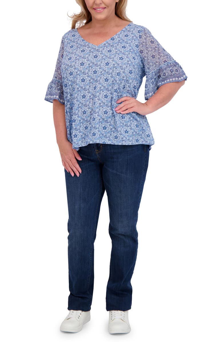 Lucky Brand Mixed Media Flutter Sleeve Top, Alternate, color, Chambray Multi