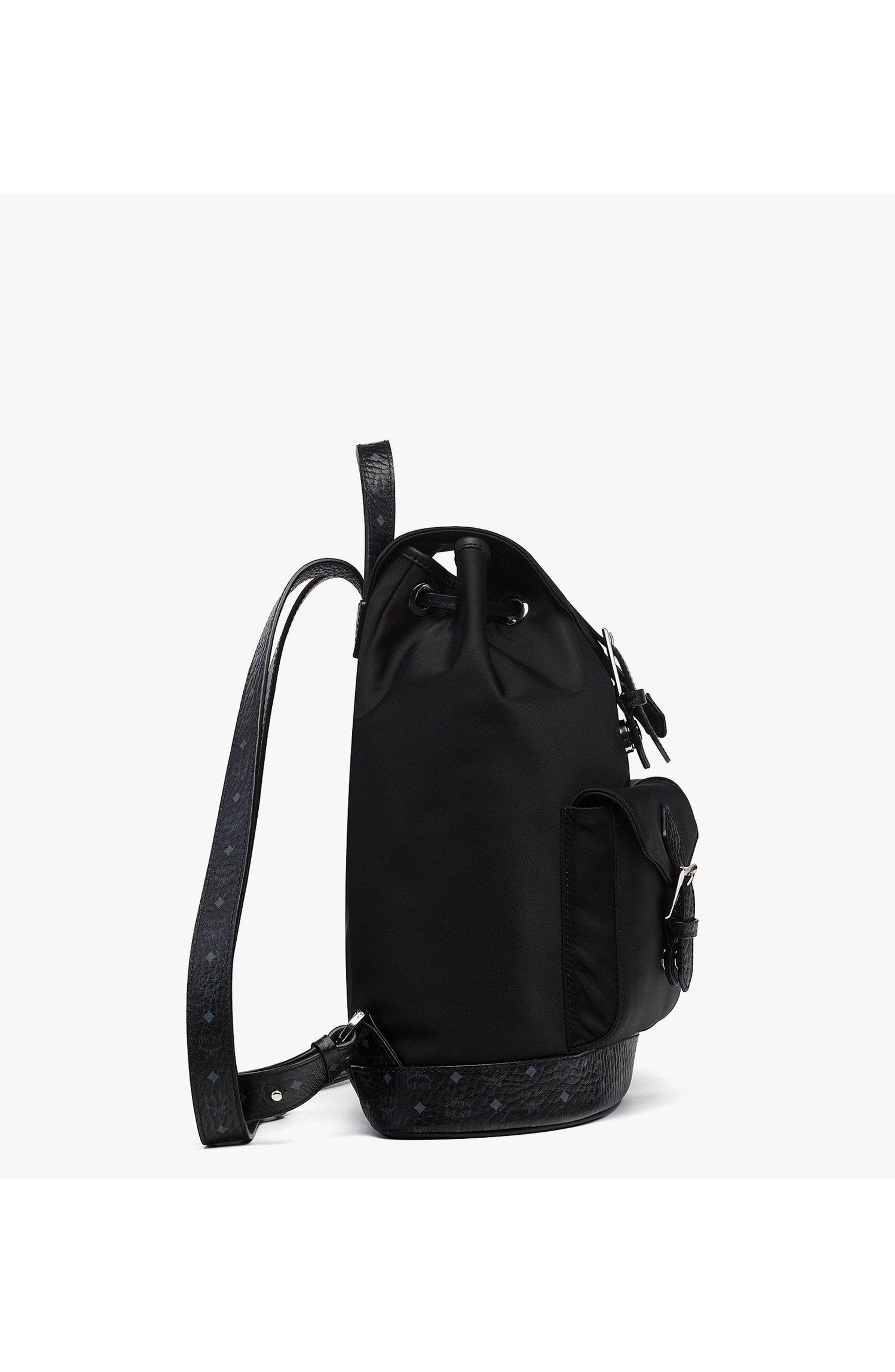 MCM Small Aren Drawstring Backpack in ECONYL and Leather, Alternate, color, Black