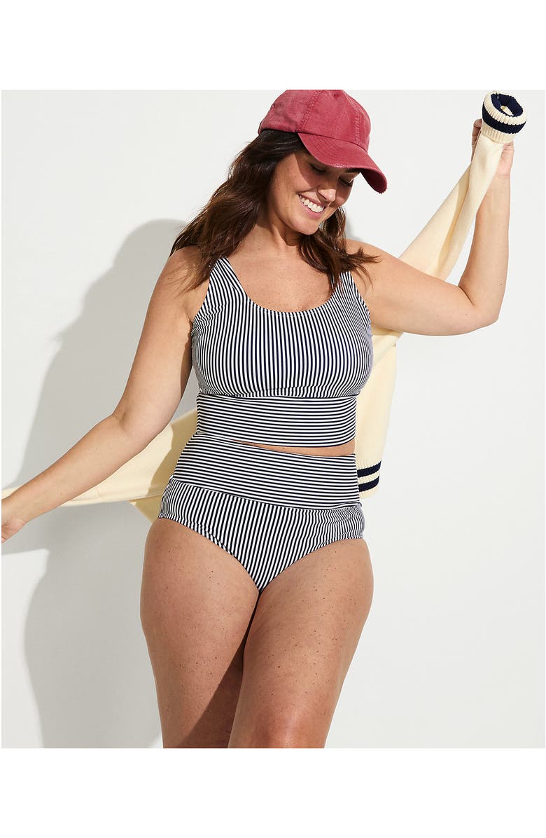 Lands' End Tugless Tankini Top and High Waisted Bottom Swimsuit Set, Alternate, color, Deep Sea Navy Mini Stripe