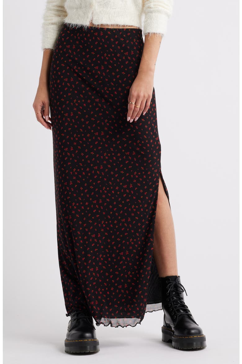 Printed Mesh Maxi Skirt, Main, color, BLACK- RED DITSY PRINT