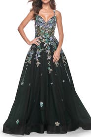 La Femme Gorgeous Sequin Floral Lace Applique A-Line Tulle Prom Dress