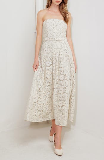 Strapless Belted Cotton Blend Lace Cocktail Dress