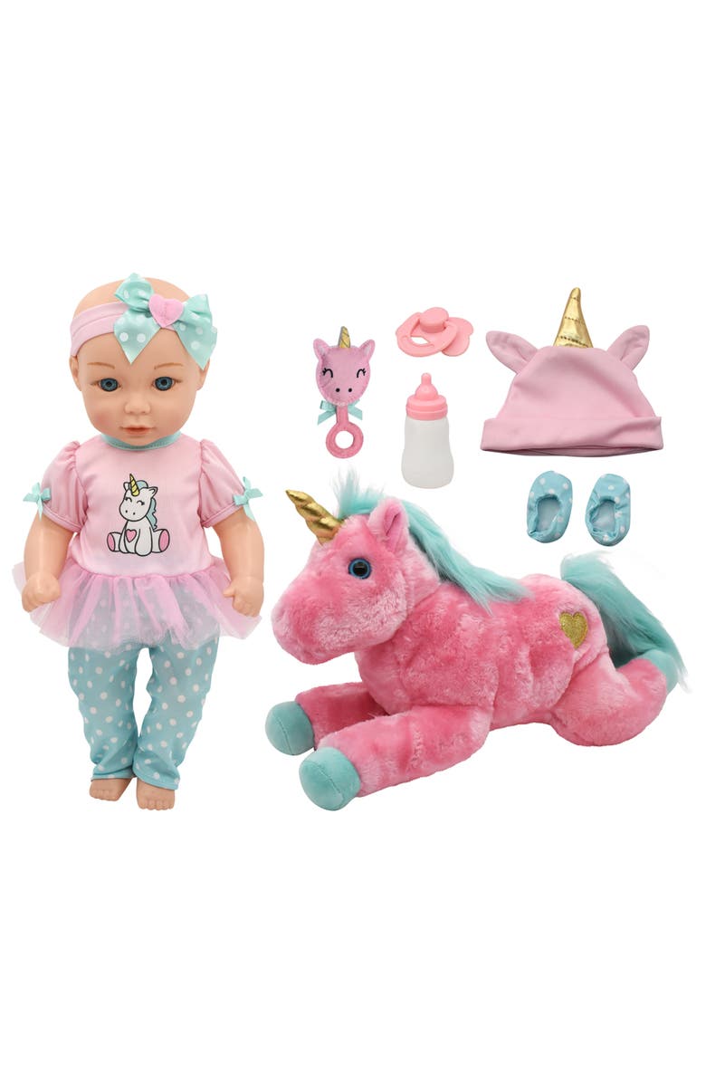 Little Darlings 15" Hop On Baby Set Unicorn, Main, color, Multicolored