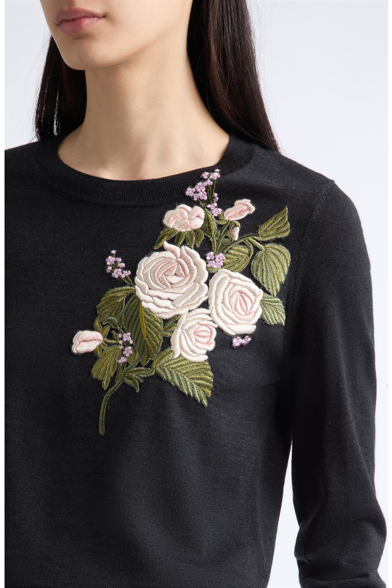 Embroidered Flower Stretch Wool Sweater, Alternate, color, CHARCOAL GREY