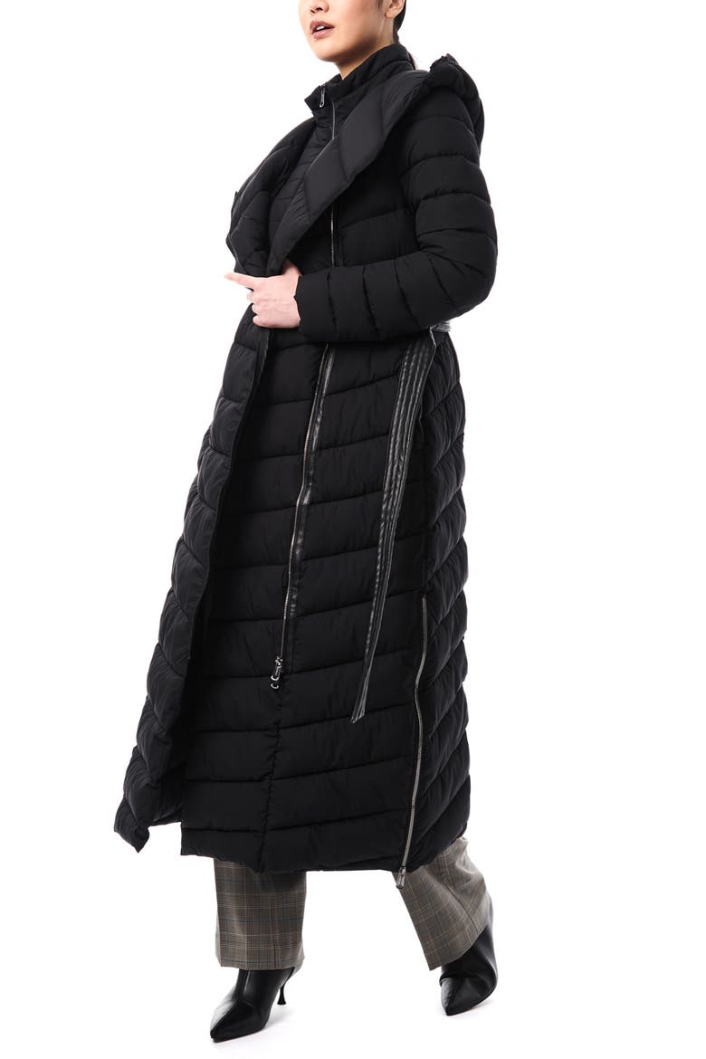Belted Longline Hooded Puffer Jacket with Removable Bib, Alternate, color, BLACK