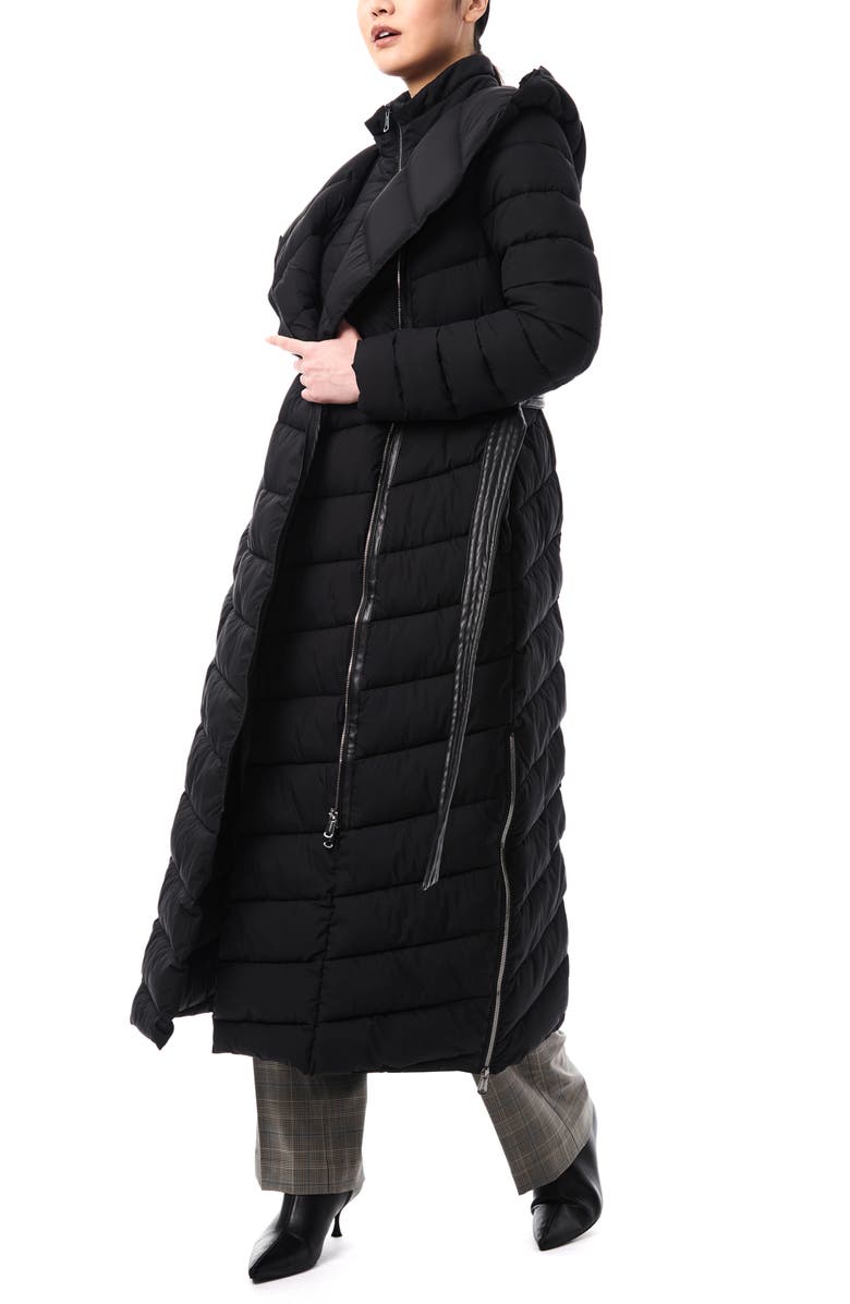 Bernardo Belted Longline Hooded Puffer Jacket with Removable Bib, Alternate, color,
