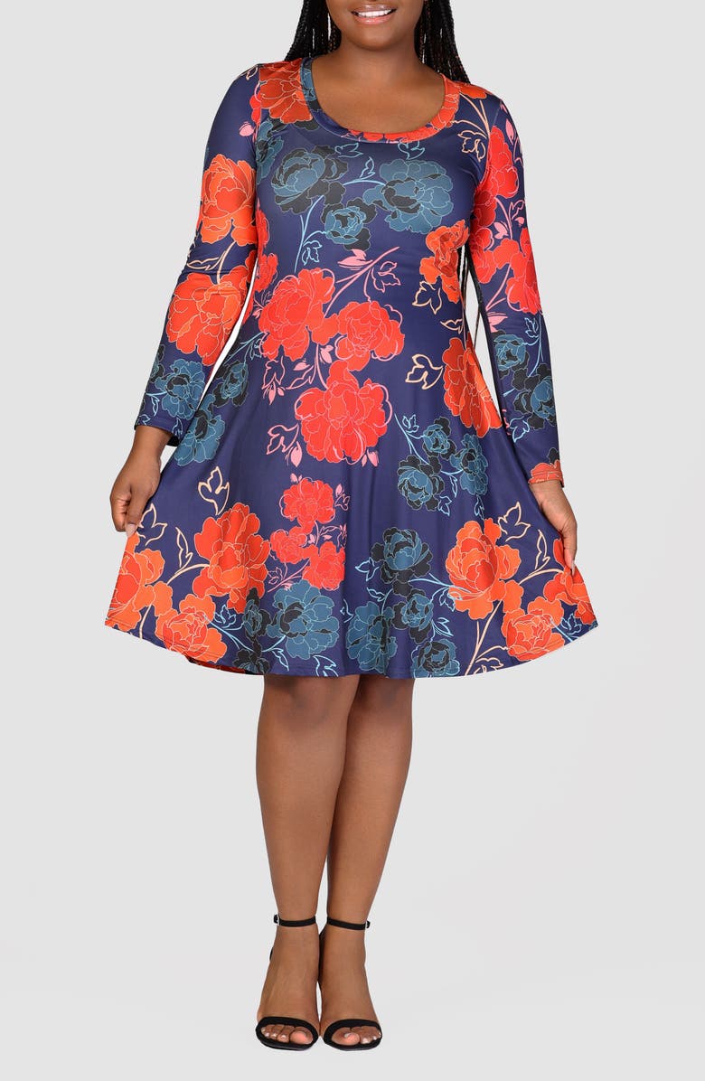 24seven Comfort Apparel Floral Long Sleeve Jersey Fit & Flare Dress, Main, color, 