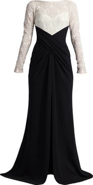 Tadashi Shoji Corded Lace & Crepe Long Sleeve Gown