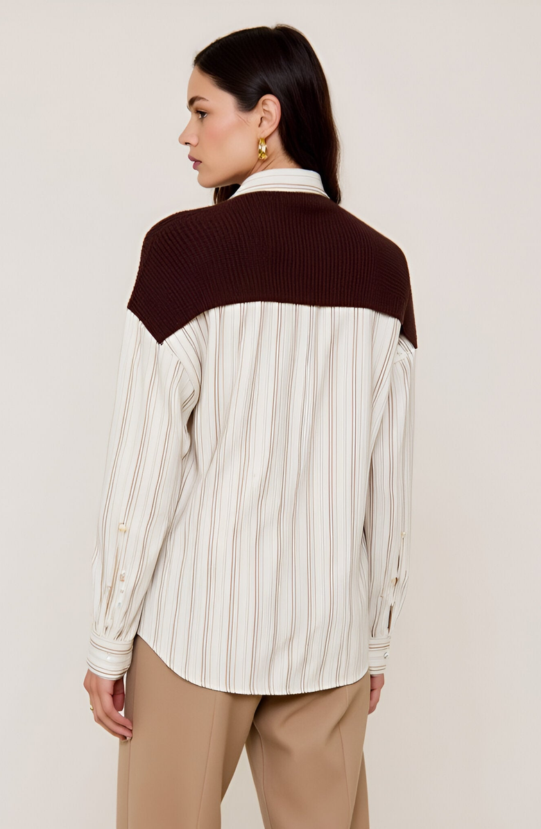 Modenaire Striped Button-Up Twofer Shirt with Attached Sweater Detail, Alternate, color, 