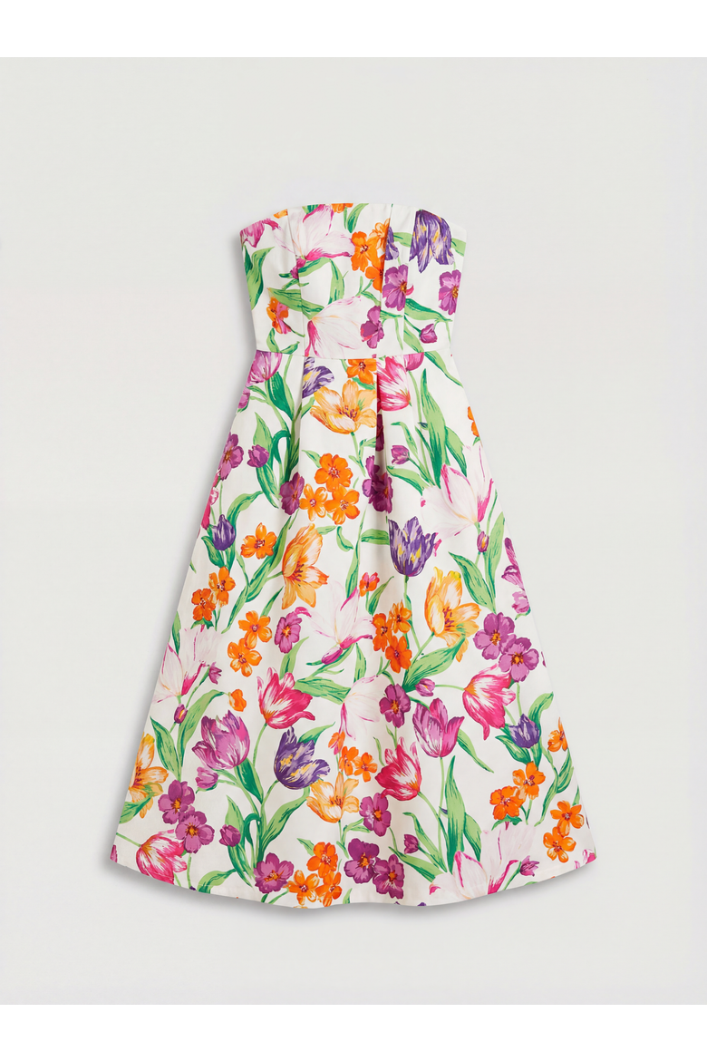 Floral Twill Strapless Midi Dress, Alternate, color, Multi