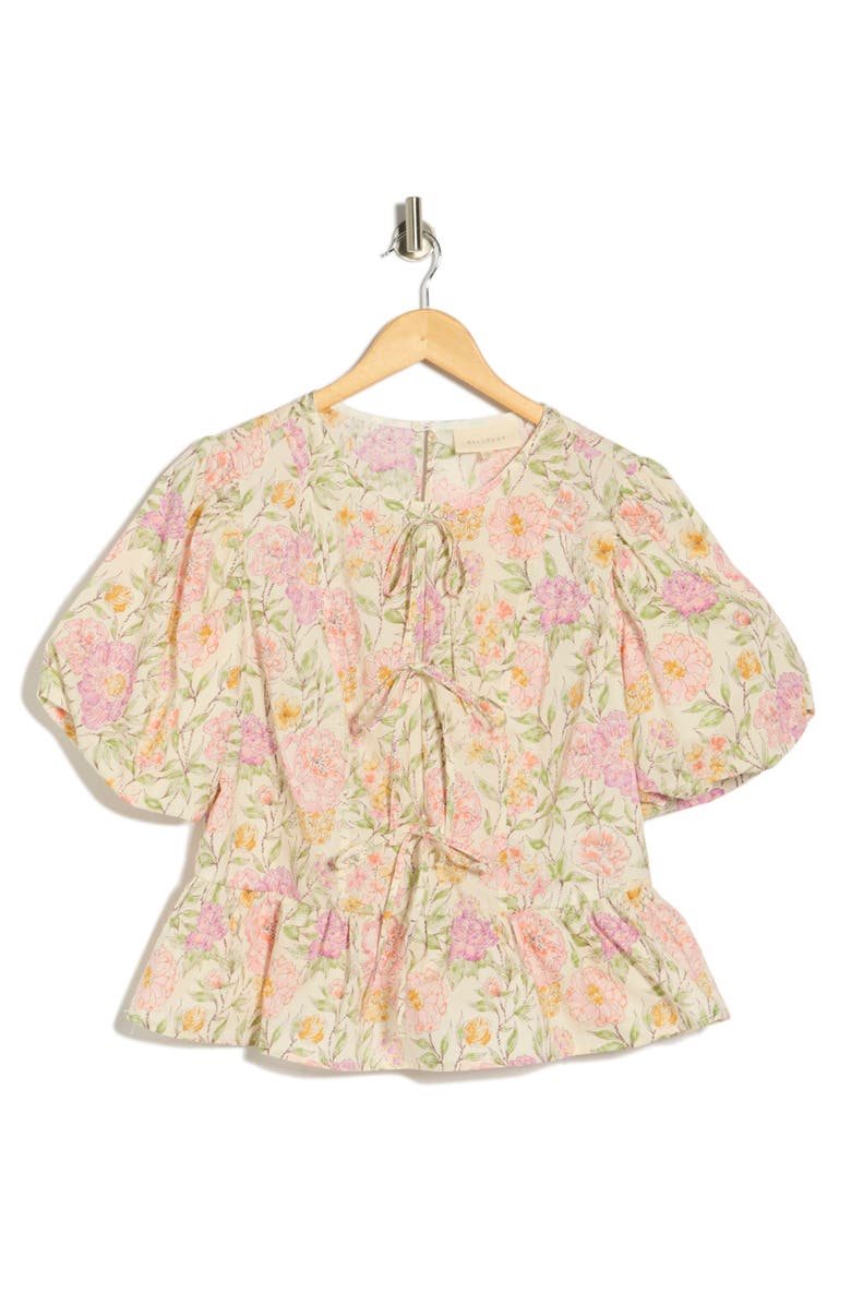 MELLODAY Tie Front Poplin Peplum Top, Main, color, Pink Multi