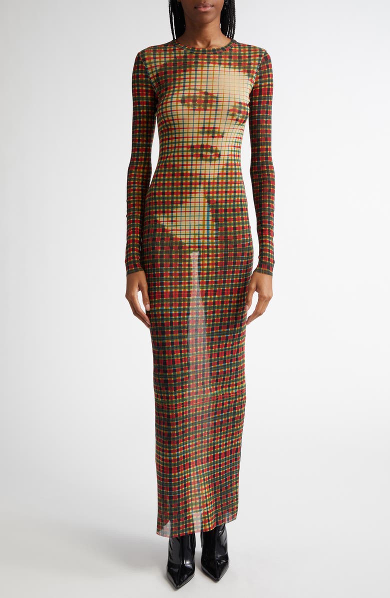Jean Paul Gaultier Portrait Print Tartan Long Sleeve Mesh Dress, Main, color, 