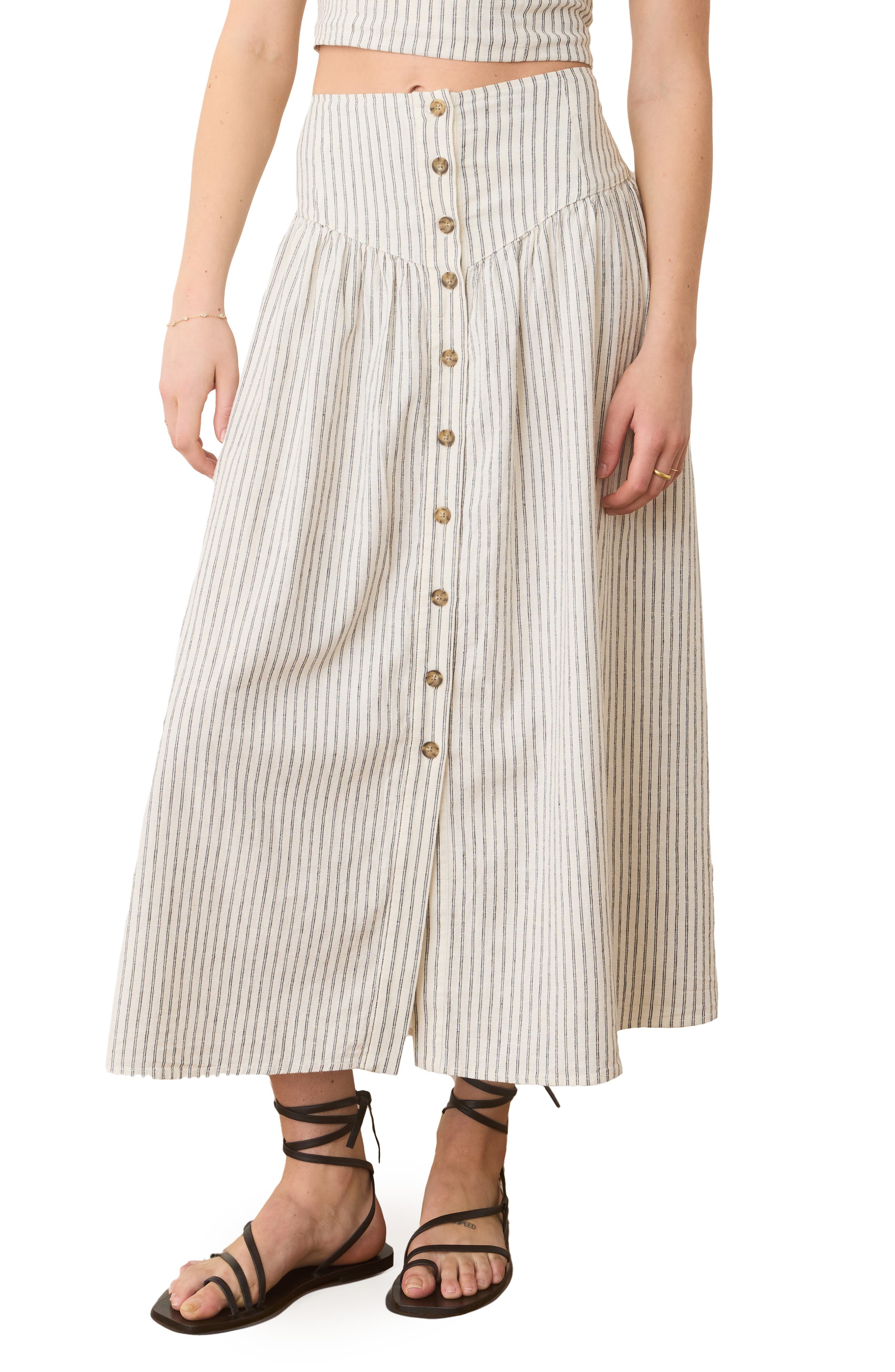 Marine Layer Jade Stripe Button Front Hemp Blend Midi Skirt