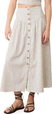 Marine Layer Jade Stripe Button Front Hemp Blend Midi Skirt