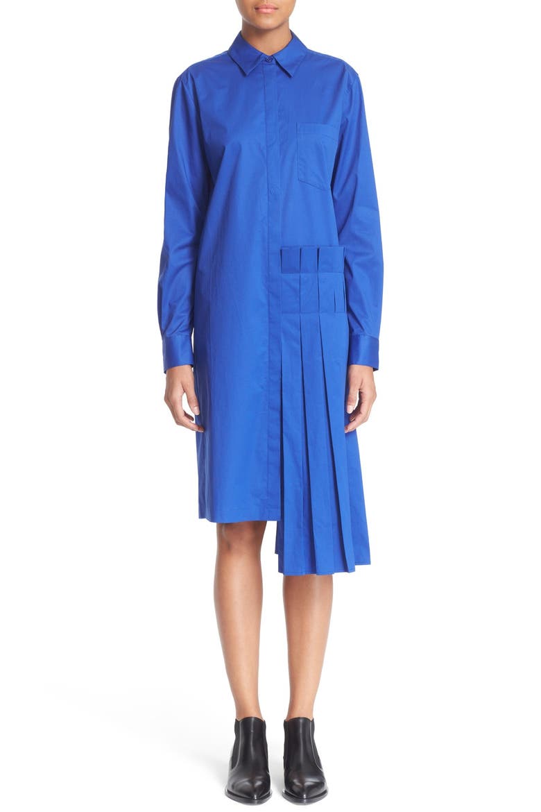 Pleat Detail Cotton Shirtdress, Main, color, BLUE