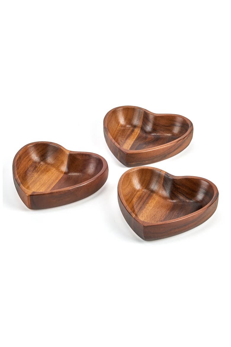 Eat Your Heart Out Set of 3 Small Acacia Wood Bowls, Alternate, color, BROWN