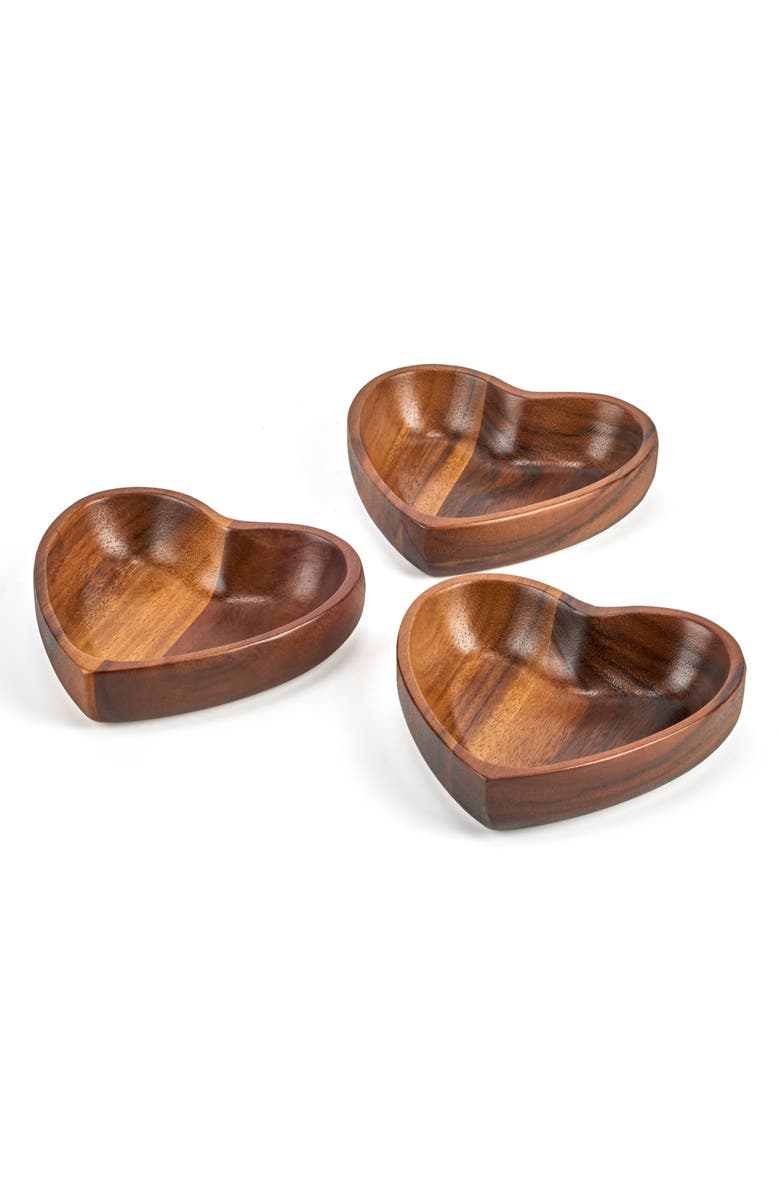 Nambé Eat Your Heart Out Set of 3 Small Acacia Wood Bowls, Alternate, color, Brown
