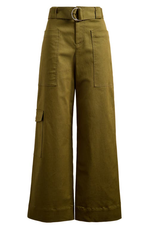 Shop Mango Belted Stretch Cotton Wide Leg Cargo Pants In Khaki Green