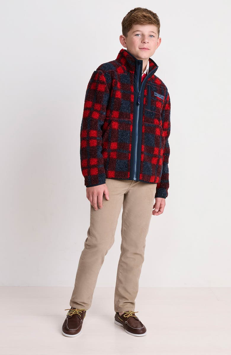 vineyard vines Kids' Plaid Supershep Fleece Zip-Up Jacket, Alternate, color, Red Velvet