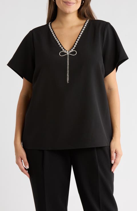 Endisy Embellished Neck Bow Top (Plus)