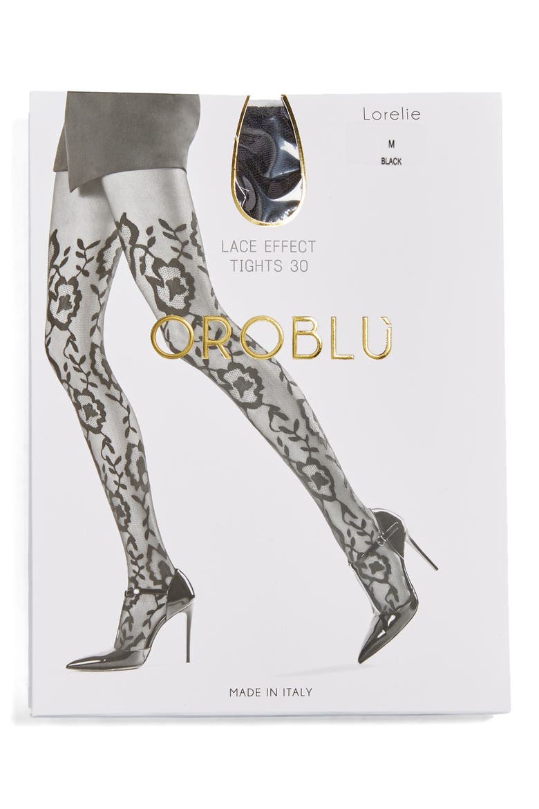 'Lorelie' Floral Tights, Alternate, color, BLACK
