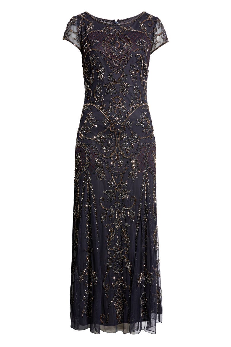 Beaded Mesh Midi Cocktail Dress, Alternate, color, NEW SLATE