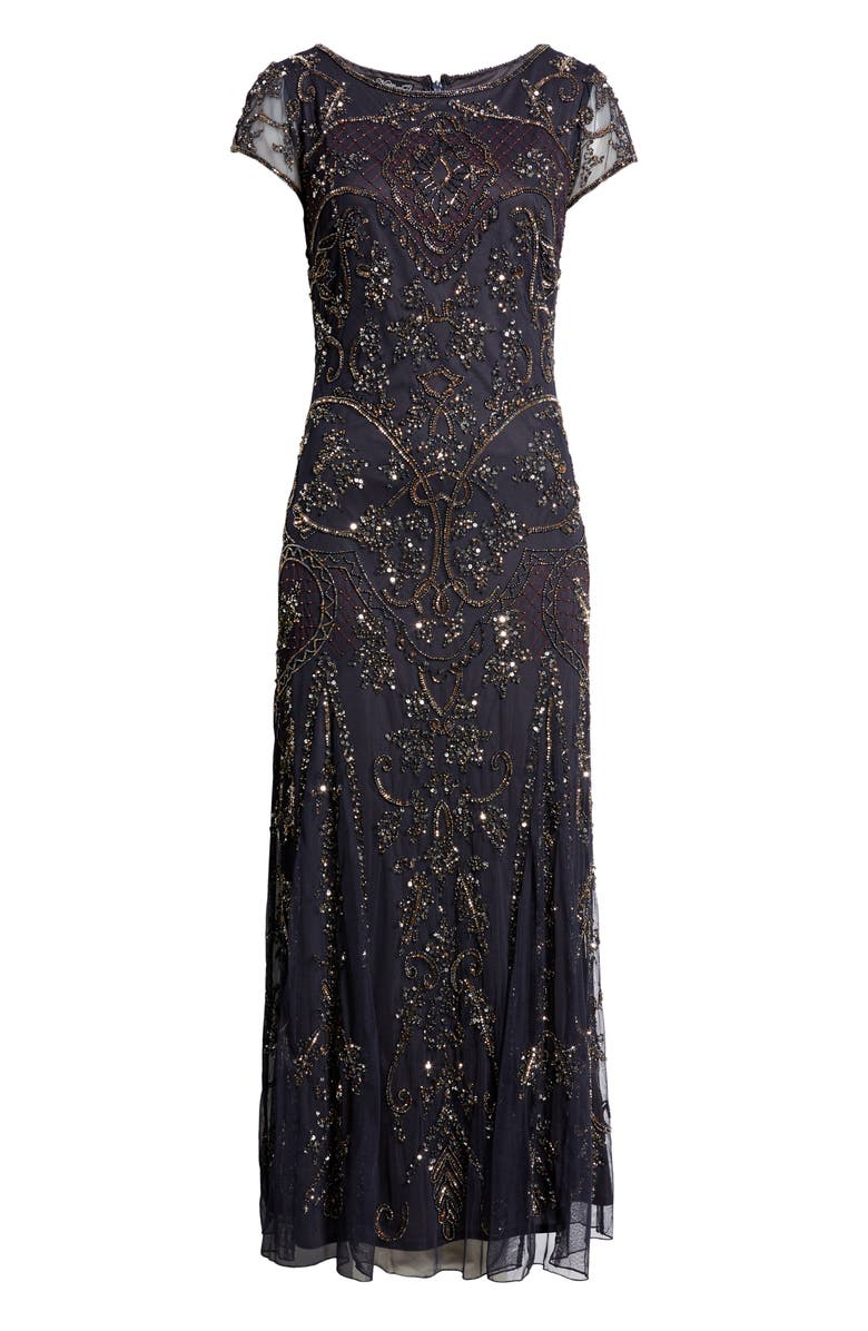 Pisarro Nights Beaded Mesh Midi Cocktail Dress, Alternate, color, New Slate