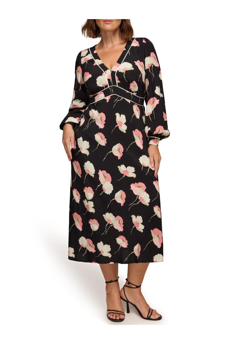 Floral Print Piping Detail Dress, Alternate, color, Black