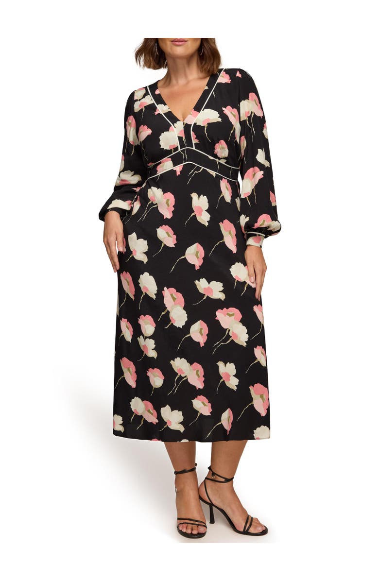 Live Unlimited Floral Print Piping Detail Dress, Alternate, color, Black