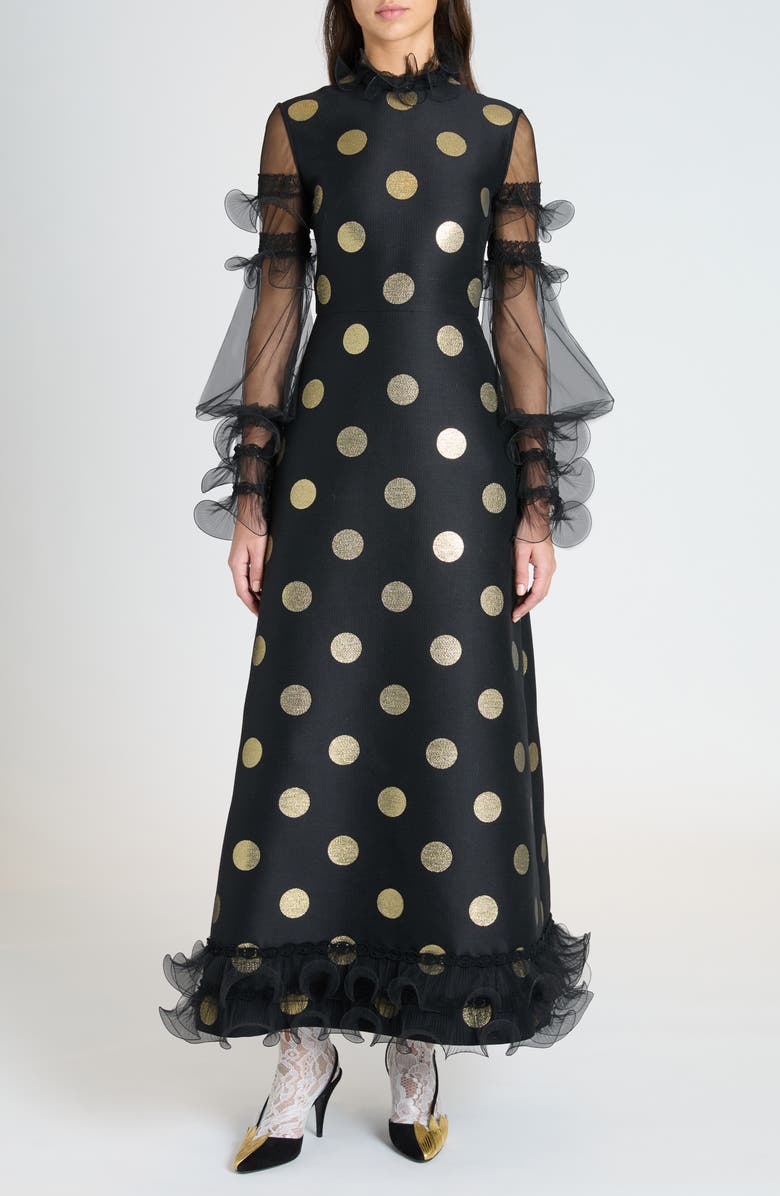 Valentino Garavani Polka Dot Ruffle Trim Long Sleeve Dress, Main, color, 