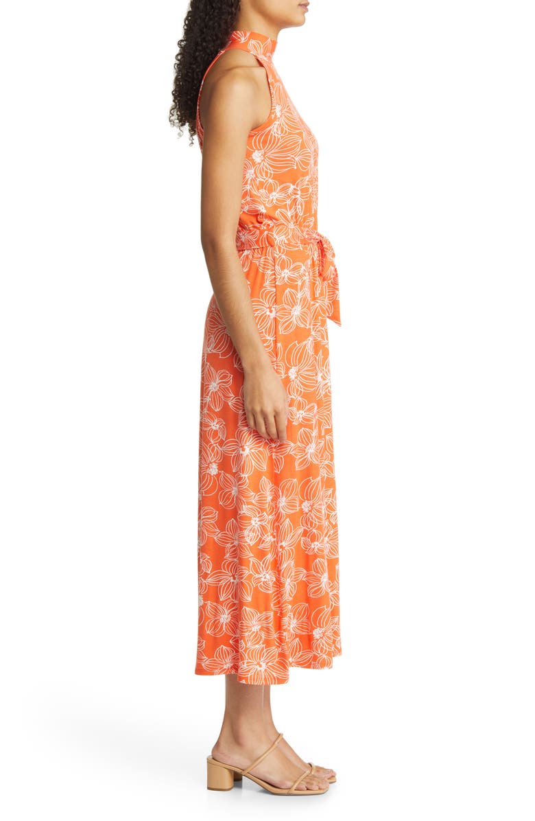 Loveappella Floral Tie Waist Halter Knit Maxi Dress, Alternate, color, Tangerine