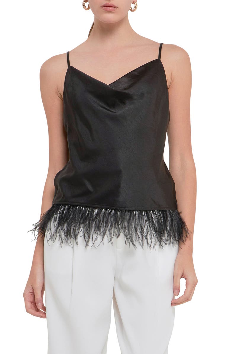 Endless Rose Feather Hem Satin Camisole, Main, color, Black