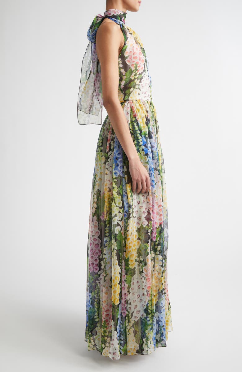 Oscar de la Renta Foxglove Gathered Silk Chiffon Gown, Alternate, color, Black Multi