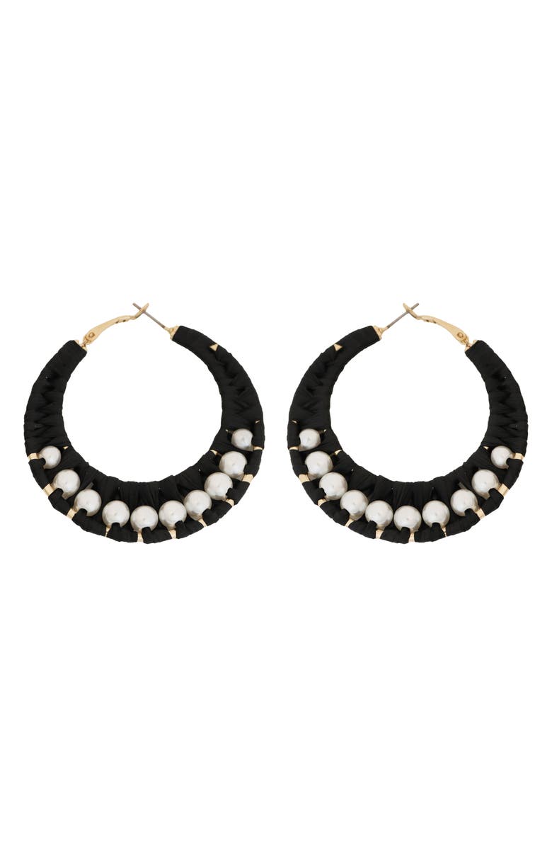Panacea Faux Pearl Raffia Hoop Earrings, Main, color, Black