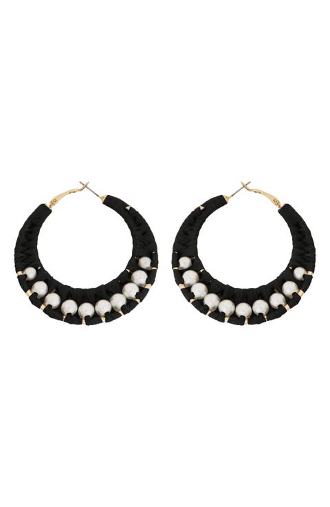 Faux Pearl Raffia Hoop Earrings