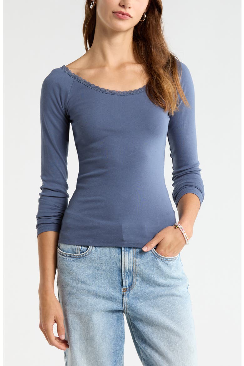Lace Trim Long Sleeve Top, Main, color, BLUE VINTAGE