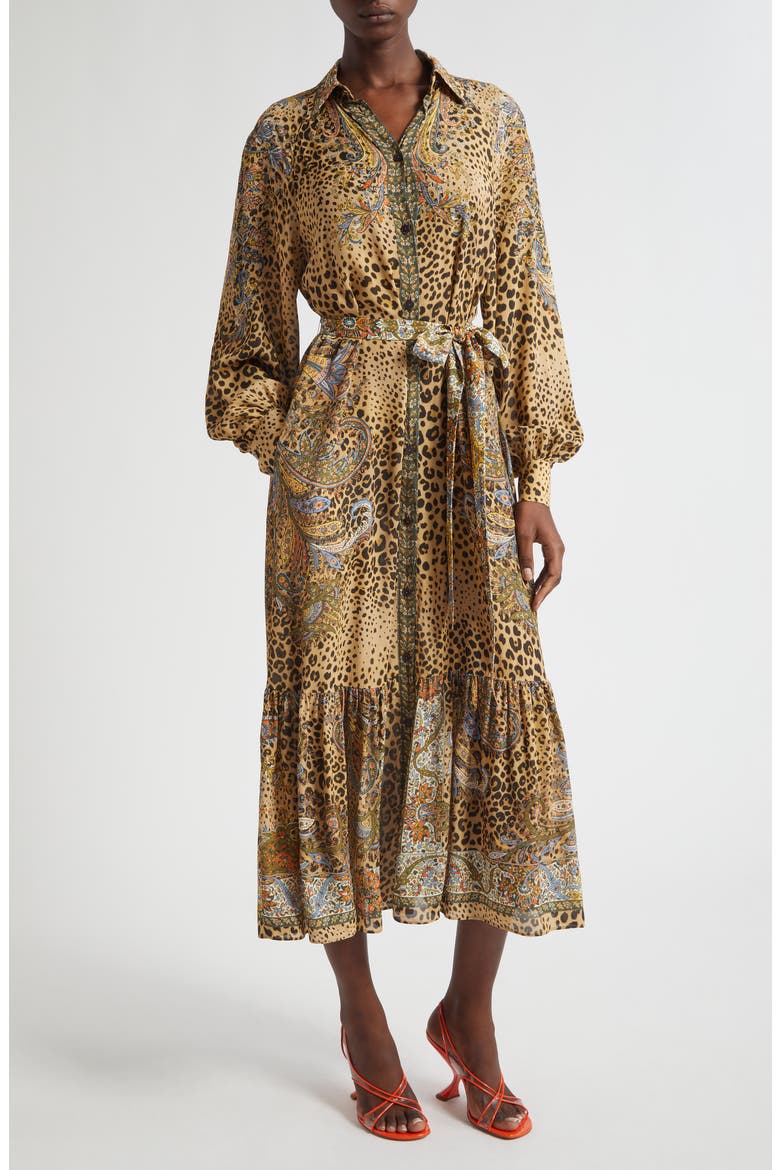 Paisley Leopard Spot Belted Long Sleeve Shirtdress, Main, color, DARK BROWN