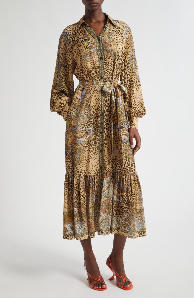 Etro Paisley Leopard Spot Belted Long Sleeve Shirtdress, Main, color, Dark Brown