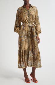 Etro Paisley Leopard Spot Belted Long Sleeve Shirtdress