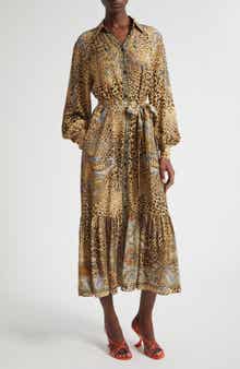 Paisley Leopard Spot Belted Long Sleeve Shirtdress