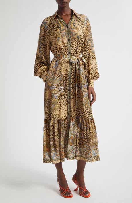 Paisley Leopard Spot Belted Long Sleeve Shirtdress