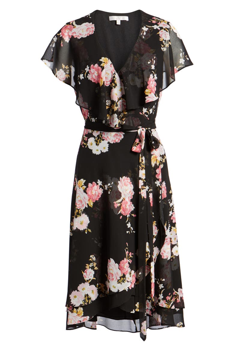 Polermo Wrap Midi Dress, Alternate, color, BLACK FLORAL